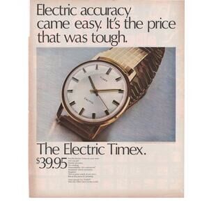 Timex Electric Watch Advertisement Wristwatch Vintage 1968 Jewelry Fashion